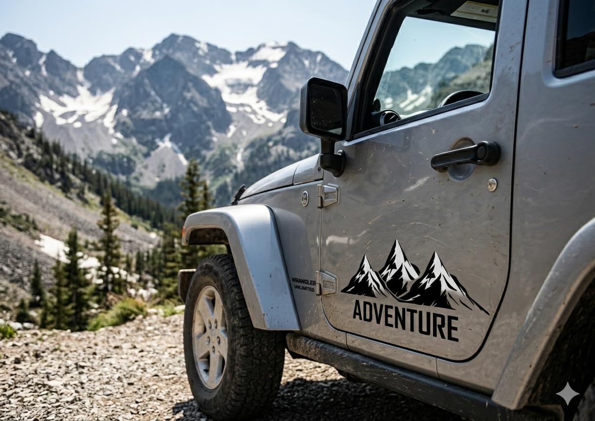 Adventure Mountain Car Sticker 41x16 cm – Black Vinyl Decal for Car Door, Bonnet, Hood & Bumper | Waterproof Self Adhesive 4x4 SUV Off-Road Graphic Styling Sticker