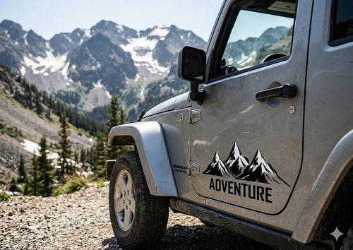 Adventure Mountain Car Sticker 41x16 cm – Black Vinyl Decal for Car Door, Bonnet, Hood & Bumper | Waterproof Self Adhesive 4x4 SUV Off-Road Graphic Styling Sticker