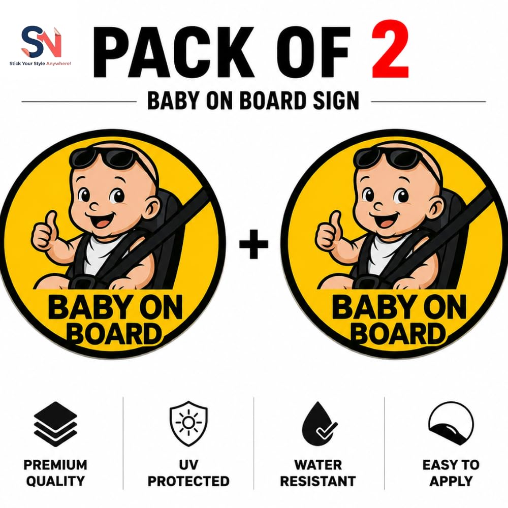 baby on board car stickers pack of 2 – cute vinyl safety sign decals for car window, weatherproof & waterproof baby on board sign, easy to apply...