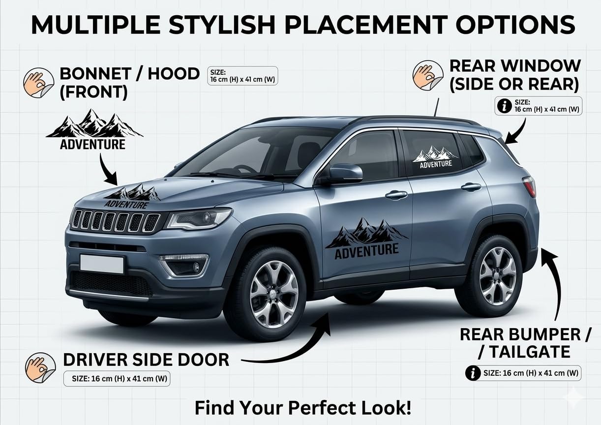 Adventure Mountain Car Sticker 41x16 cm – Black Vinyl Decal for Car Door, Bonnet, Hood & Bumper | Waterproof Self Adhesive 4x4 SUV Off-Road Graphic Styling Sticker