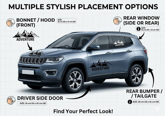 Adventure Mountain Car Sticker 41x16 cm – Black Vinyl Decal for Car Door, Bonnet, Hood & Bumper | Waterproof Self Adhesive 4x4 SUV Off-Road Graphic Styling Sticker