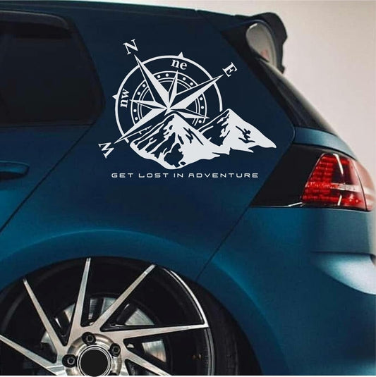 Compass Mountain Adventure Car Decal Sticker, White, Vinyl, 30x30cm, Get Lost in Adventure Theme